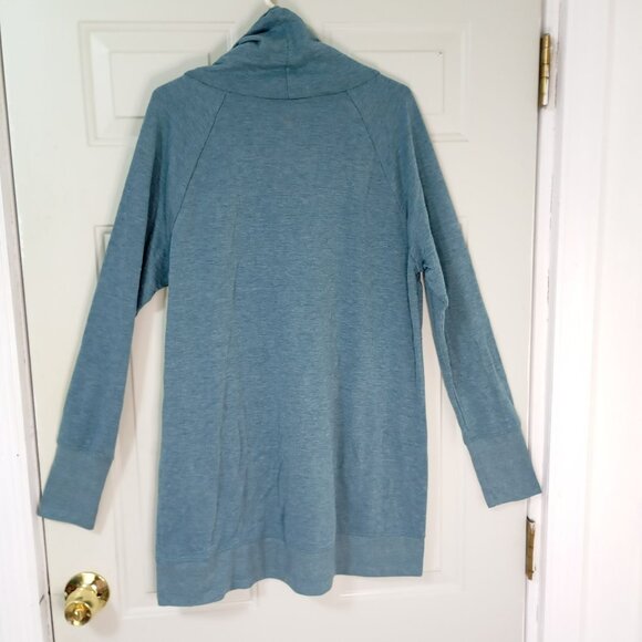 Cowl Neck Blue Soft Knit Tunic Sweater With Kangaroo Pocket Long Sleeve - Picture 8 of 11